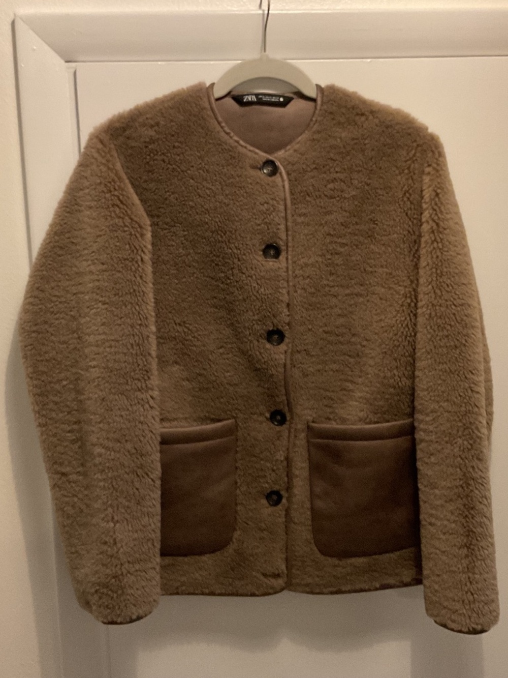 Zara Cropped Teddy Coat, Size X-Small, Taupe Brown Color